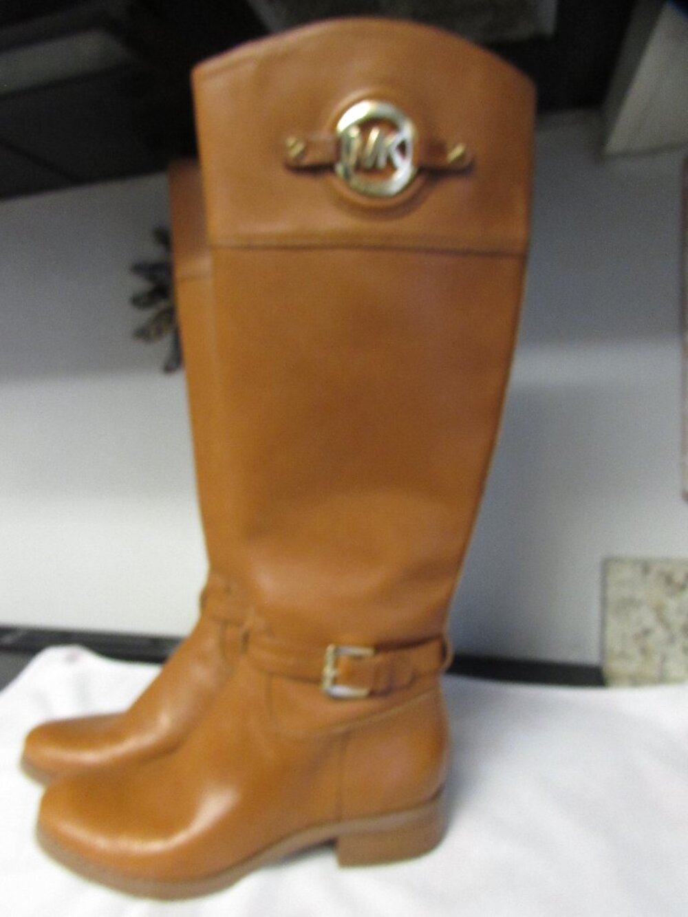 Michael Kors Hamilton Boots Tall Tan Brown Leather Logo Knee Zip 5.5 M